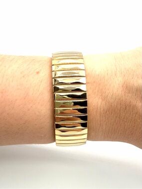 Gold Tone Stretch Bracelet Wide Panel Chunky Statement